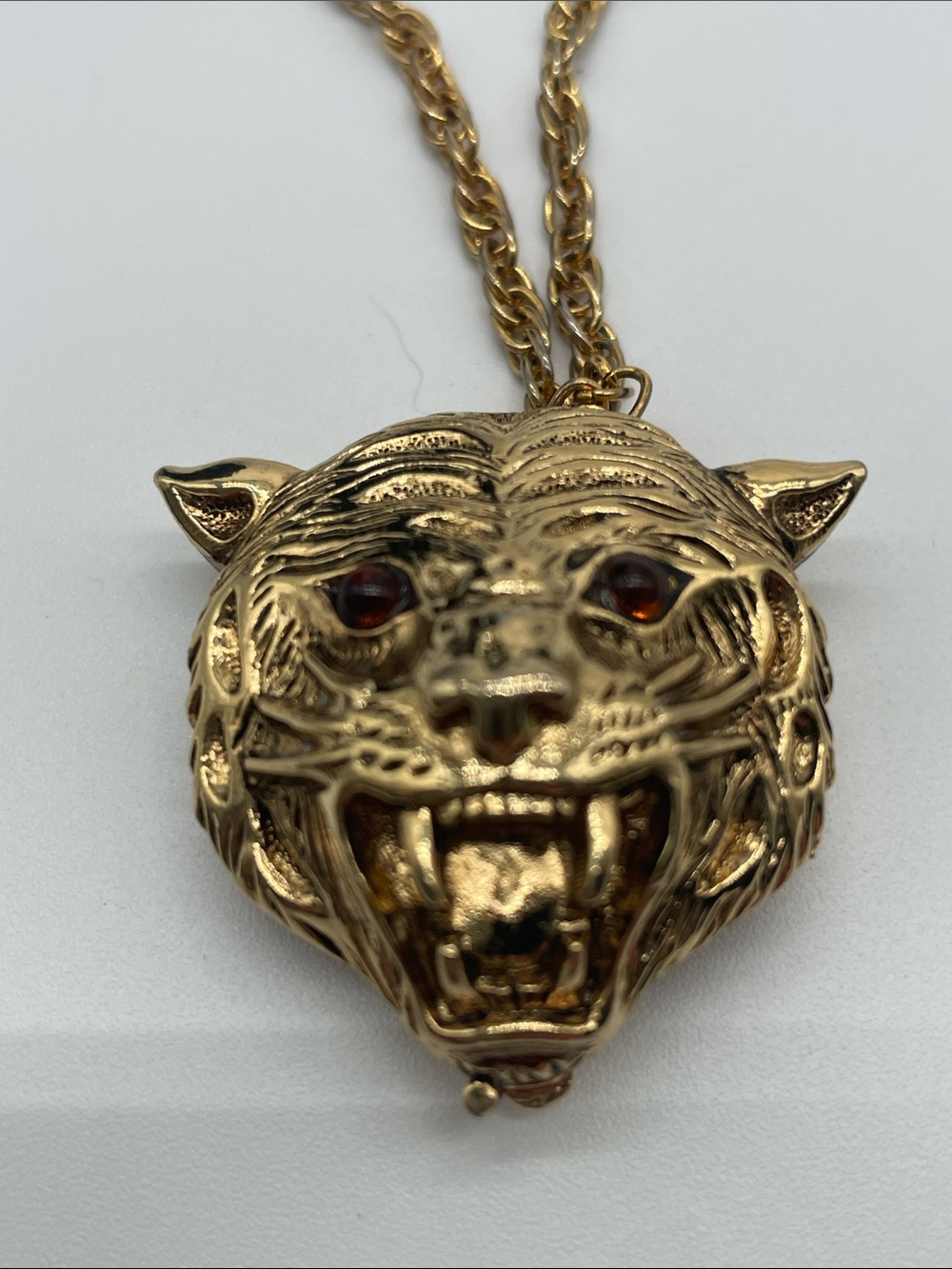 Faberge Gold Tiger Head Pendant Necklace with Amber Eyes